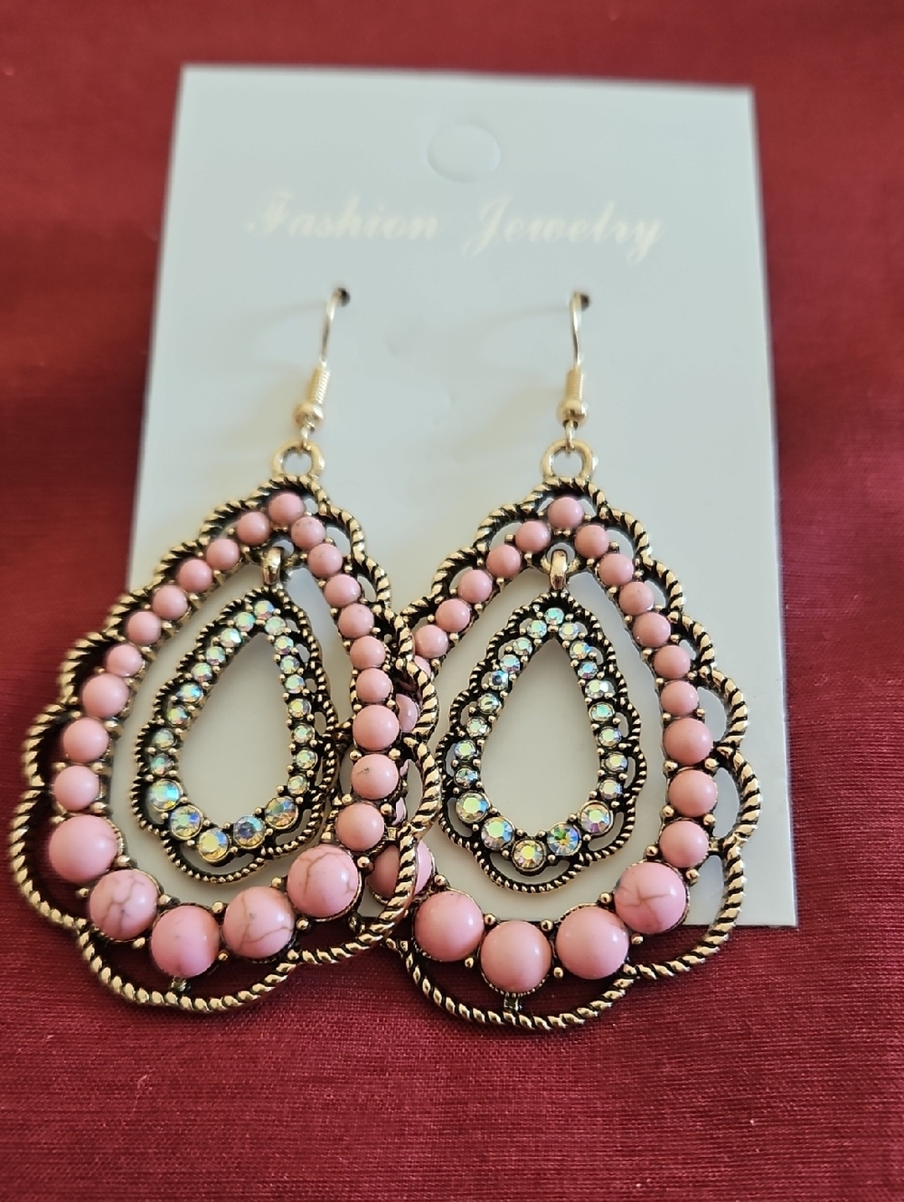 Fashion Jewelry Pink Teardrop Crystal Bead Dangle Earrings
